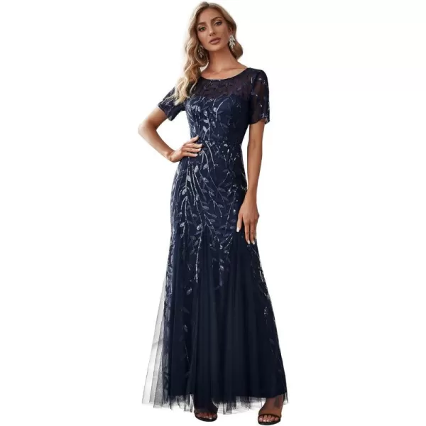 EverPretty Womens Elegant Illusion Short Sleeve Sequin Embroidery Mermaid Evening Dress 07707USANavy