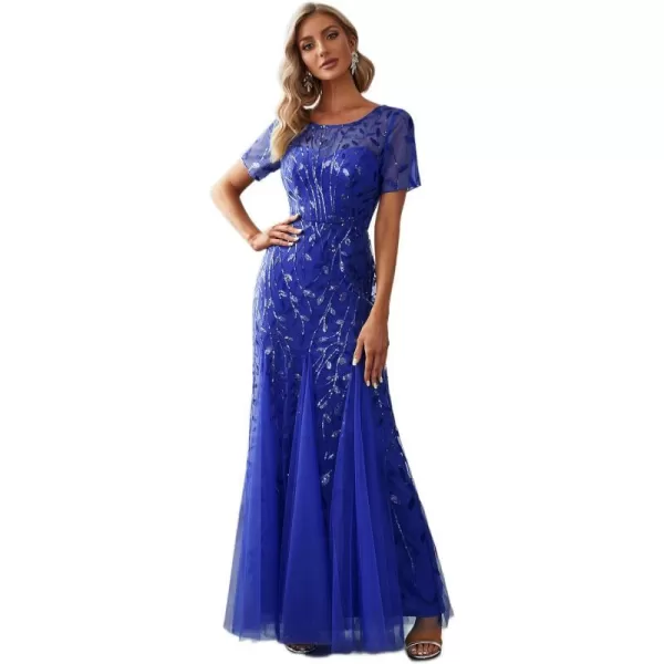 EverPretty Womens Elegant Illusion Short Sleeve Sequin Embroidery Mermaid Evening Dress 07707USASapphire Blue