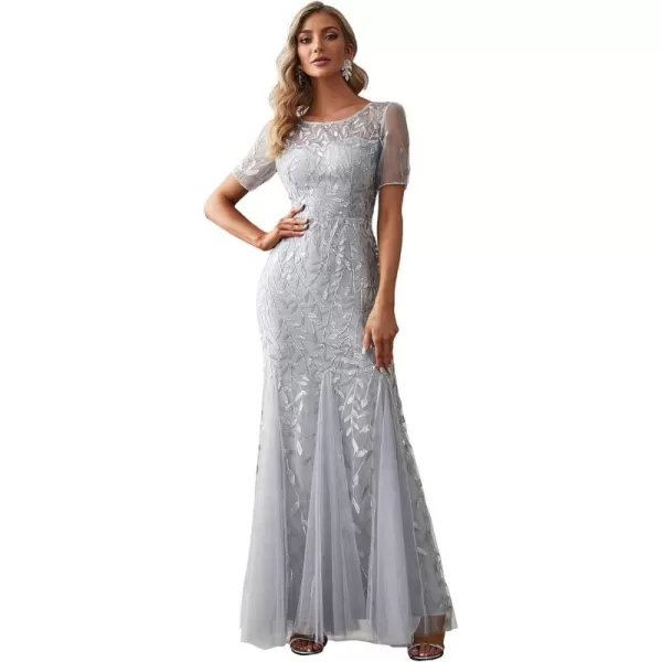 EverPretty Womens Elegant Illusion Short Sleeve Sequin Embroidery Mermaid Evening Dress 07707USASilver