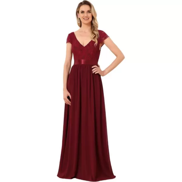 EverPretty Womens Elegant Lace VNeck Short Sleeves Chiffon Maxi Bridesmaid Dress 057BBurgundy