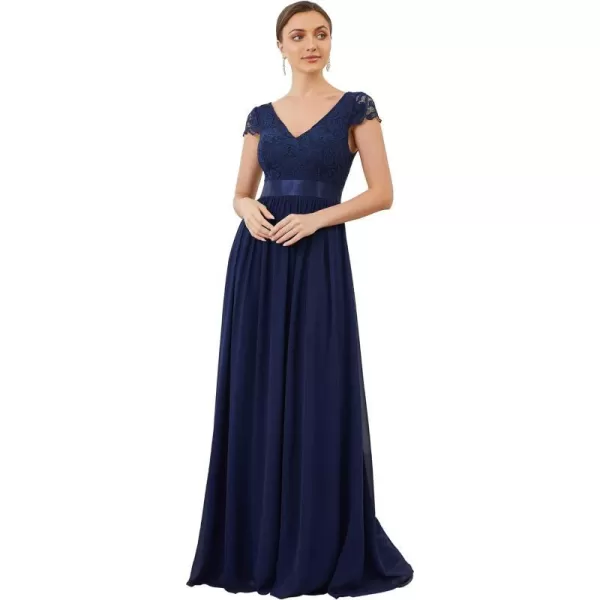 EverPretty Womens Elegant Lace VNeck Short Sleeves Chiffon Maxi Bridesmaid Dress 057BNavy Blue