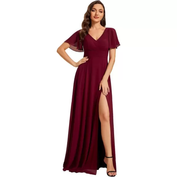 EverPretty Womens Elegant Ruched Chiffon Cowl Neck Ruffled Sleeve High Slit Bridesmaid Dress 01921Burgundy