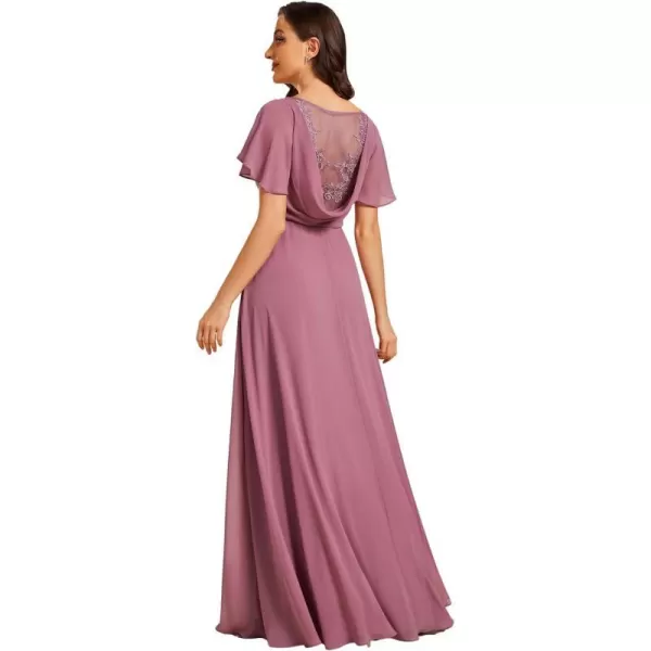 EverPretty Womens Elegant Ruched Chiffon Cowl Neck Ruffled Sleeve High Slit Bridesmaid Dress 01921Orchid