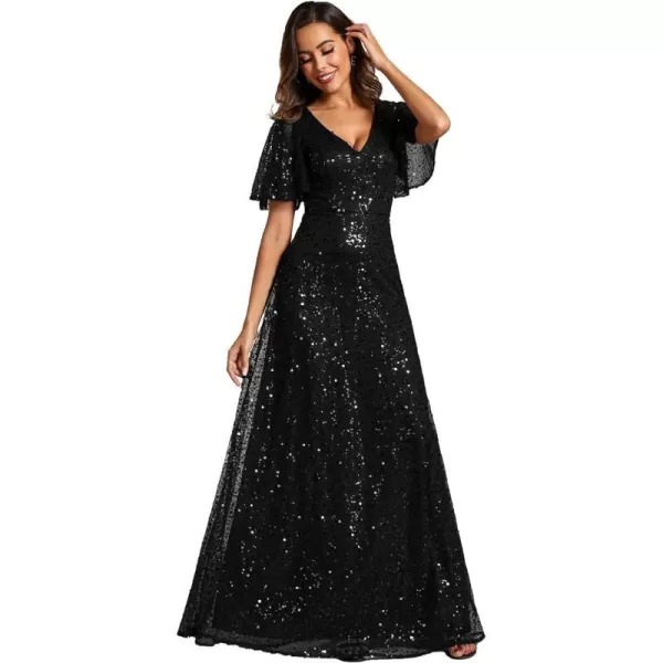 EverPretty Womens Elegant Sequin Short Ruffle Sleeve Embroidery ALine Evening Dress Formal Wedding Maxi Dress 02120PHBlack