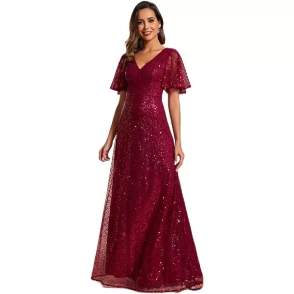 EverPretty Womens Elegant Sequin Short Ruffle Sleeve Embroidery ALine Evening Dress Formal Wedding Maxi Dress 02120PHBurgundy