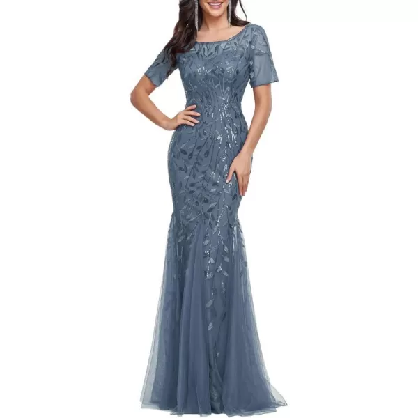 EverPretty Womens Elegant Short Sleeve Sequin Mermaid Evening Dress 07708PHDusty Navy Blue