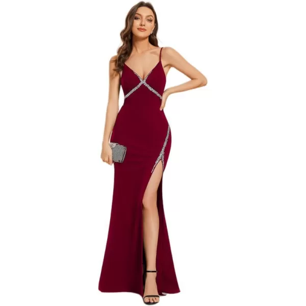 EverPretty Womens Elegant V Neck High Waist Pleated Floor Length Evening Dresses Gray US16Burgundy