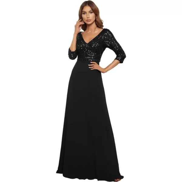 EverPretty Womens Elegant VNeck Long Sleeve Sequin Maxi Evening Dresses Prom Gowns 00751Black