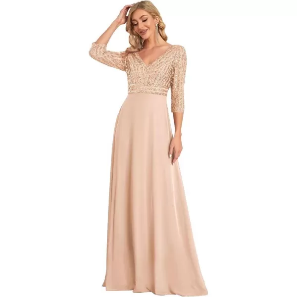 EverPretty Womens Elegant VNeck Long Sleeve Sequin Maxi Evening Dresses Prom Gowns 00751Blush