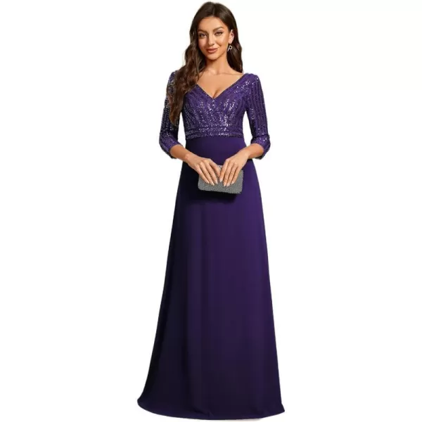 EverPretty Womens Elegant VNeck Long Sleeve Sequin Maxi Evening Dresses Prom Gowns 00751Deep Purple