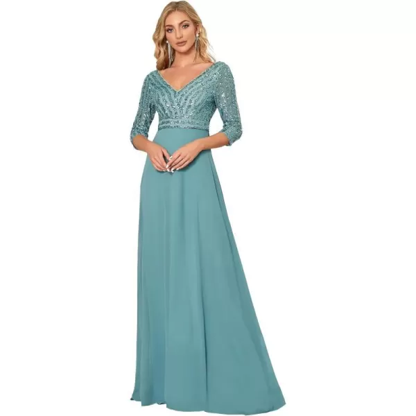 EverPretty Womens Elegant VNeck Long Sleeve Sequin Maxi Evening Dresses Prom Gowns 00751Demin Blue