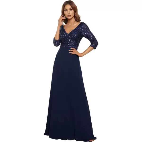 EverPretty Womens Elegant VNeck Long Sleeve Sequin Maxi Evening Dresses Prom Gowns 00751Navy Blue