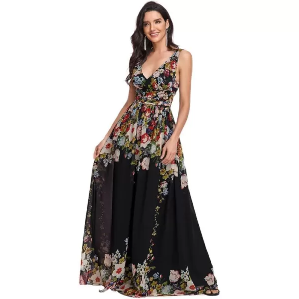 EverPretty Womens Elegant VNeck Sleeveless Chiffon SemiFormal Maxi Evening Dress 09016USABlack Printed