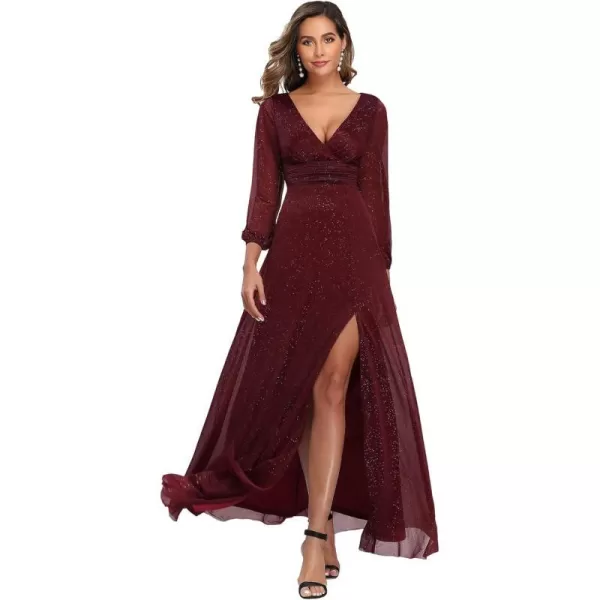 EverPretty Womens Evening Gown VNeck Front Wrap High Thigh Slit A Line Formal Dress 0739Burgundy