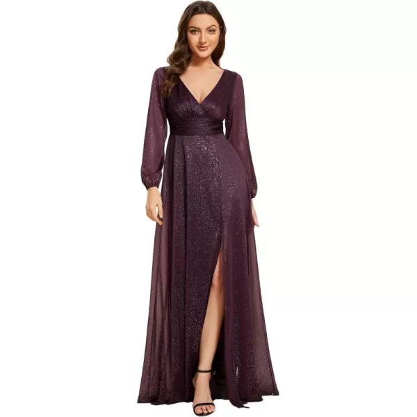 EverPretty Womens Evening Gown VNeck Front Wrap High Thigh Slit A Line Formal Dress 0739Deep Purple