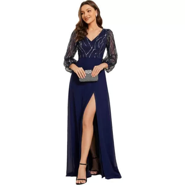 EverPretty Womens Fall Long Sleeve A Line Split Floor Length Evening Dress 02001Navy Blue