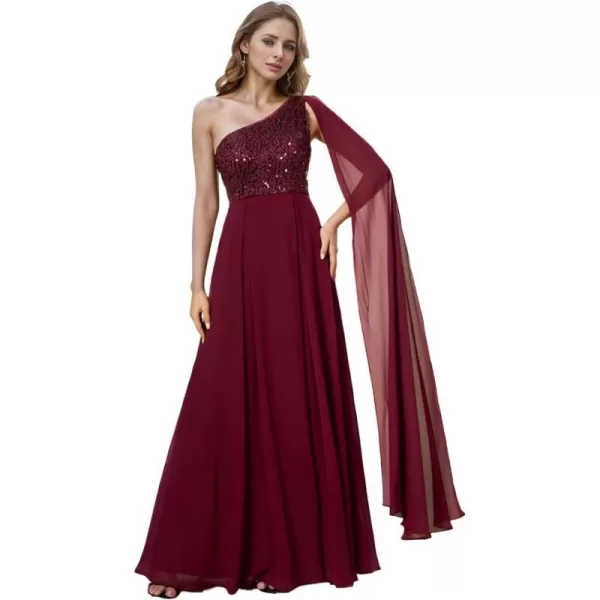 EverPretty Womens Flowy One Shoulder Sequin Bust A Line Chiffon Hem Evening Dresses 02032Burgundy