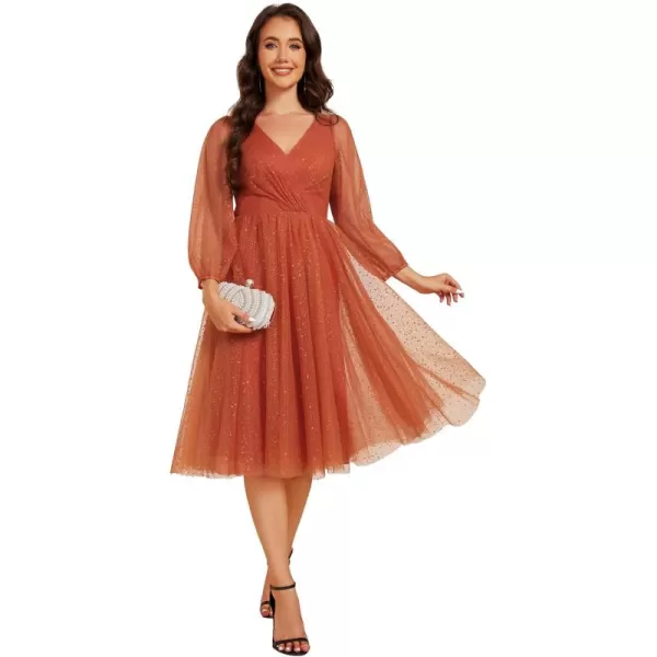 EverPretty Womens Formal Dress Lantern Long Sleeve Pleated Knee Length A Line Wedding Guest Dresses 02234Burnt Orange