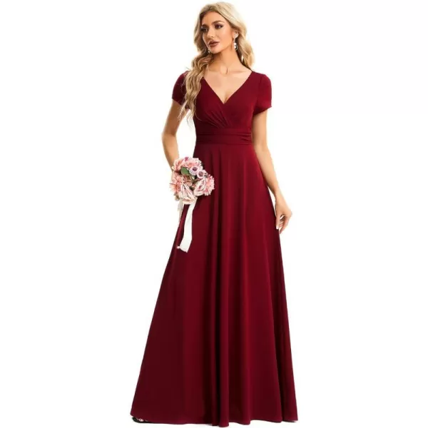 EverPretty Womens Formal Dress Ruched Waist V Neck A Line Bridesmiad Dress with Sleeves 01730Burgundy