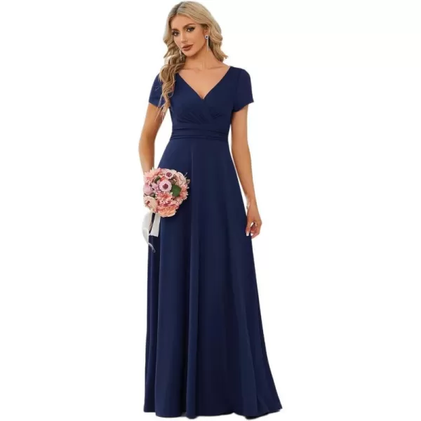 EverPretty Womens Formal Dress Ruched Waist V Neck A Line Bridesmiad Dress with Sleeves 01730Navy Blue