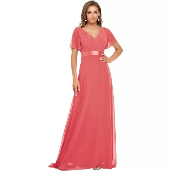 EverPretty Womens Formal Dress Short Sleeve VNeck Evening Dress Floor Length Mother of The Bride Dress 09890Coral