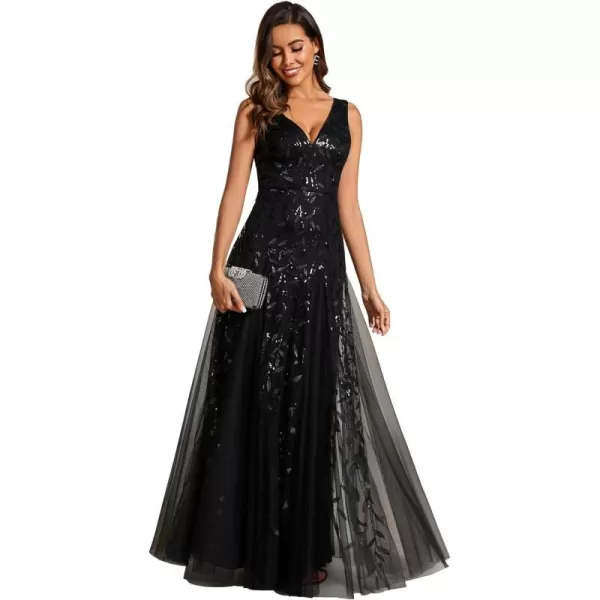 EverPretty Womens Formal Dress V Neck Sleeveless Tulle Hem ALine Sequins Maxi Evening Dress 02130Black