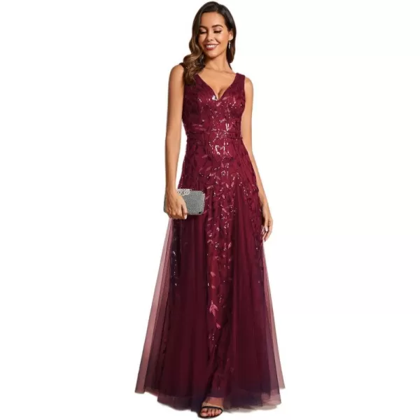 EverPretty Womens Formal Dress V Neck Sleeveless Tulle Hem ALine Sequins Maxi Evening Dress 02130Burgundy