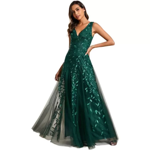 EverPretty Womens Formal Dress V Neck Sleeveless Tulle Hem ALine Sequins Maxi Evening Dress 02130Deep Green