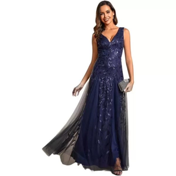 EverPretty Womens Formal Dress V Neck Sleeveless Tulle Hem ALine Sequins Maxi Evening Dress 02130Navy Blue