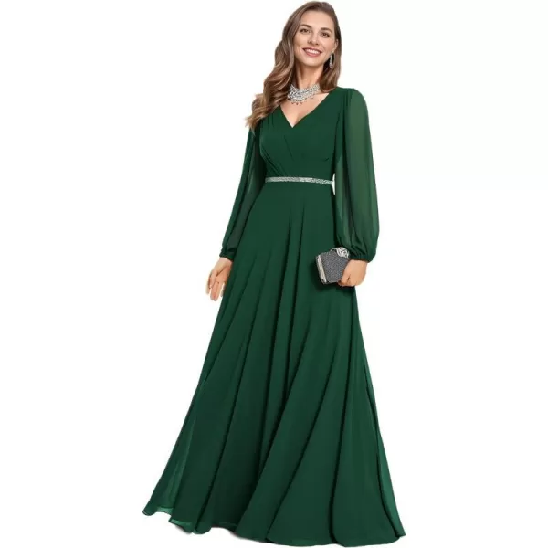 EverPretty Womens Formal Dresses Long Sleeve V Neck Empire Waist A Line Beading Maxi Wedding Guest Dress 01981Dark Green