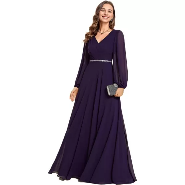 EverPretty Womens Formal Dresses Long Sleeve V Neck Empire Waist A Line Beading Maxi Wedding Guest Dress 01981Deep Purple