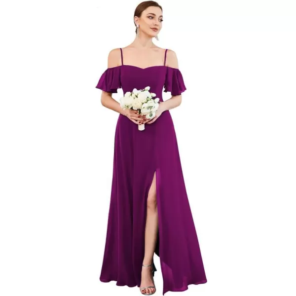 EverPretty Womens Formal Dresses Off Shoulder Short Sleeve Split ALine Floor Length Bridesmaid Dresses 0237Fuchsia