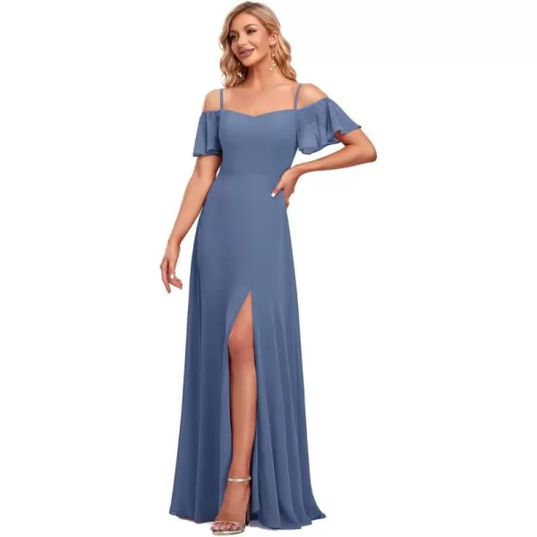 EverPretty Womens Formal Dresses Off Shoulder Short Sleeve Split ALine Floor Length Bridesmaid Dresses 0237Haze Blue