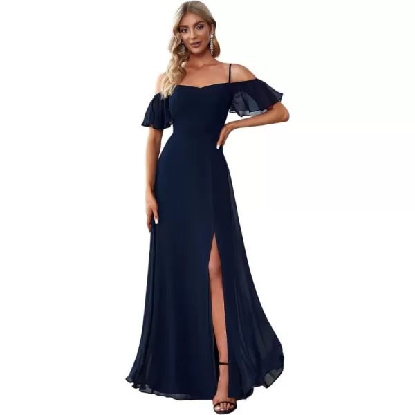 EverPretty Womens Formal Dresses Off Shoulder Short Sleeve Split ALine Floor Length Bridesmaid Dresses 0237Navy Blue