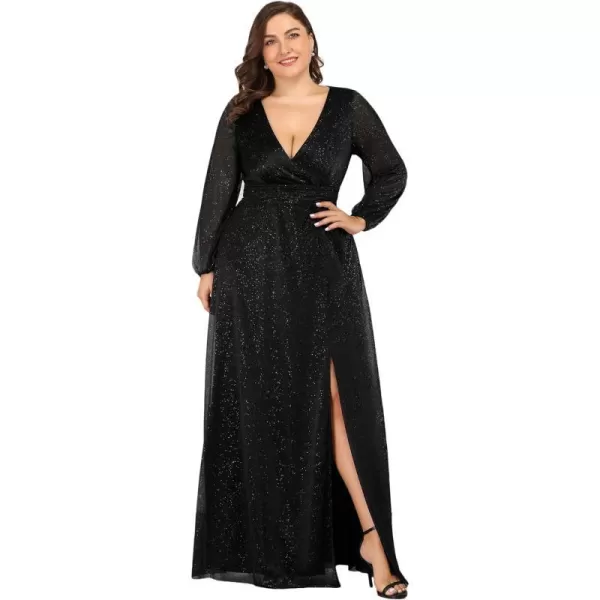 EverPretty Womens Glitter A Line High Slit VNeck Plus Size Formal Gowns and Evening Dresses 0739PZBlack