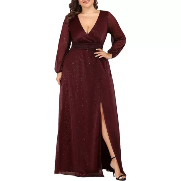 EverPretty Womens Glitter A Line High Slit VNeck Plus Size Formal Gowns and Evening Dresses 0739PZBurgundy