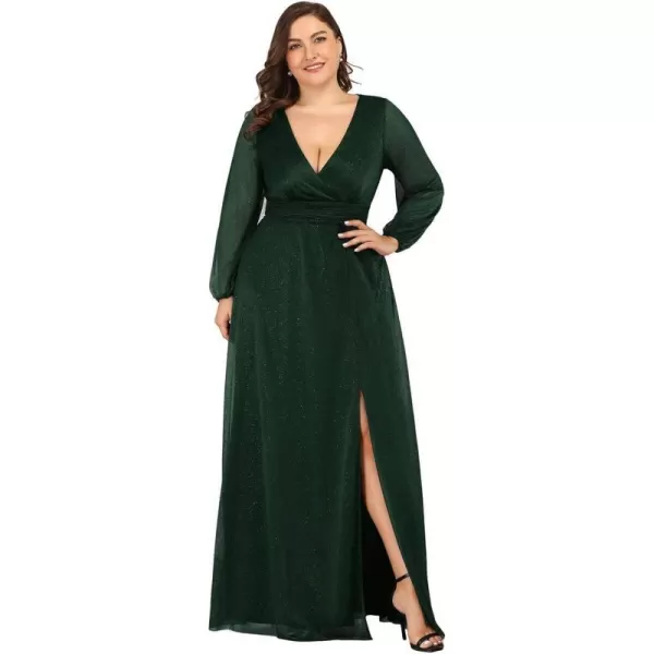 EverPretty Womens Glitter A Line High Slit VNeck Plus Size Formal Gowns and Evening Dresses 0739PZDark Greenb