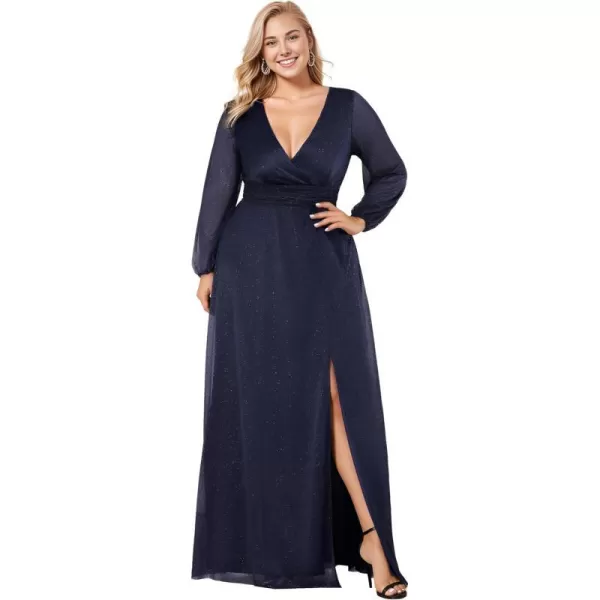 EverPretty Womens Glitter A Line High Slit VNeck Plus Size Formal Gowns and Evening Dresses 0739PZNavy Blue