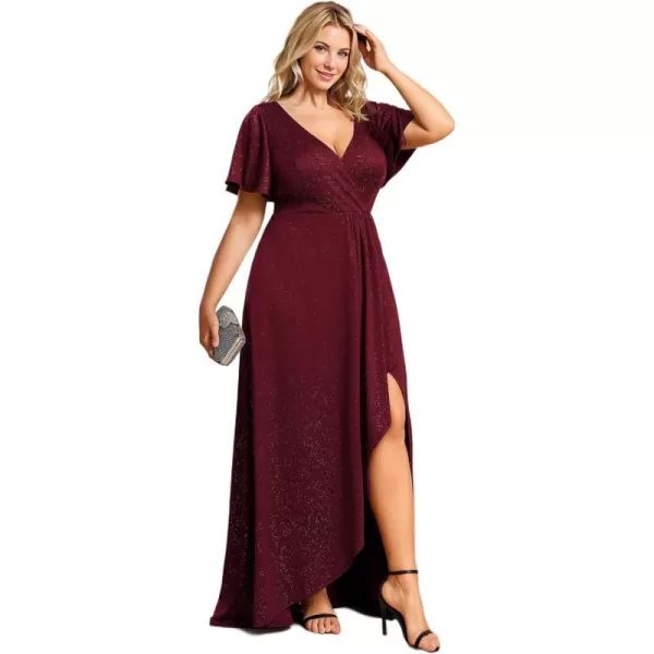 EverPretty Womens Glitter Aline High Low Ruffles Plus Size Formal Dresses with Sleeves 1738DAPHBurgundy