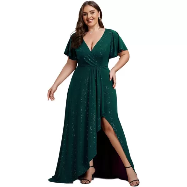 EverPretty Womens Glitter Aline High Low Ruffles Plus Size Formal Dresses with Sleeves 1738DAPHDark Green