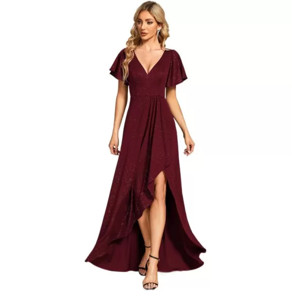 EverPretty Womens Glitter High Low Ruffled Hem VNeck Formal Dress with Sleeves 01738Burgundy