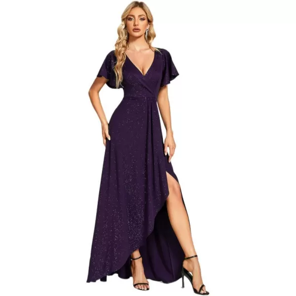 EverPretty Womens Glitter High Low Ruffled Hem VNeck Formal Dress with Sleeves 01738Dark Purple