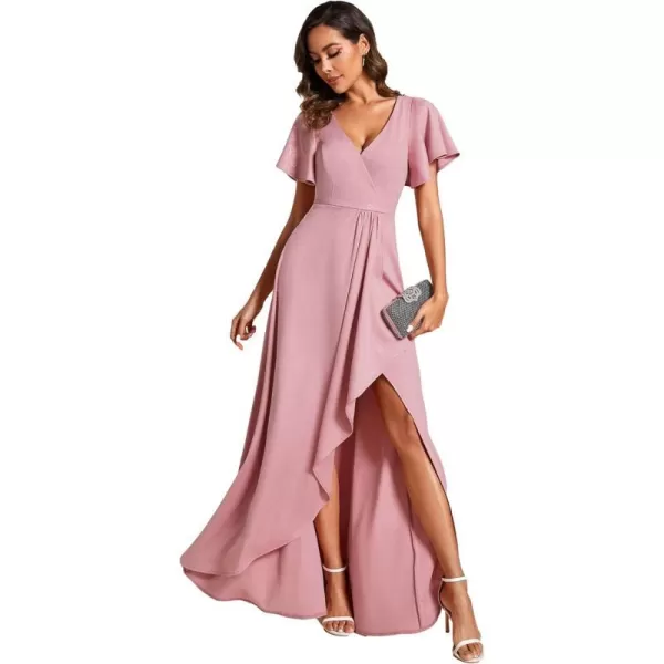 EverPretty Womens Glitter High Low Ruffled Hem VNeck Formal Dress with Sleeves 01738Dusty Rose