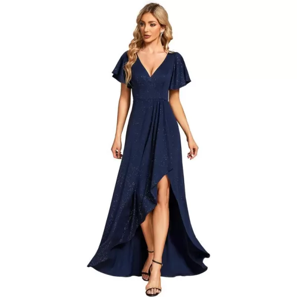 EverPretty Womens Glitter High Low Ruffled Hem VNeck Formal Dress with Sleeves 01738Navy Blue