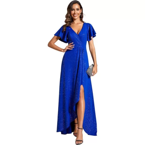 EverPretty Womens Glitter High Low Ruffled Hem VNeck Formal Dress with Sleeves 01738Sapphire Blue