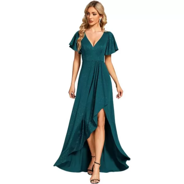 EverPretty Womens Glitter High Low Ruffled Hem VNeck Formal Dress with Sleeves 01738Teal