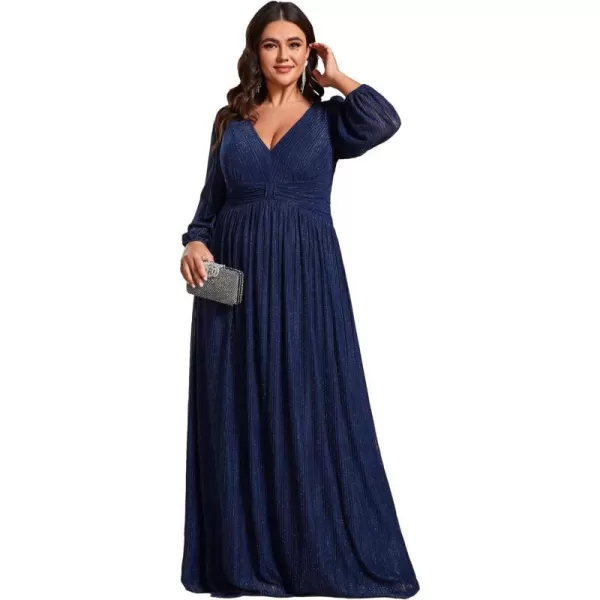 EverPretty Womens Glitter Long Sleeves Pleated Floor Length Evening Formal Dresses Plus Size 01961DANavy Blue