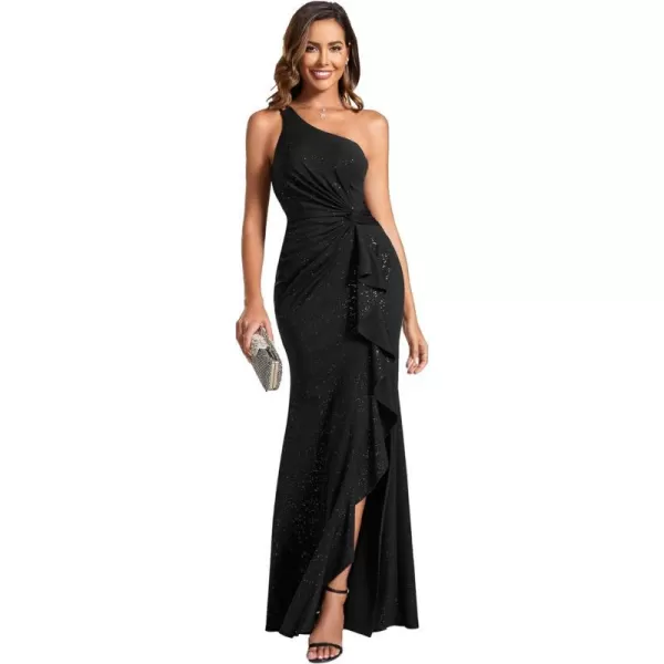 EverPretty Womens Glitter One Shoulder Backless Pleated Bodycon Cocktail Dress with Lotus Leaf 01918Black