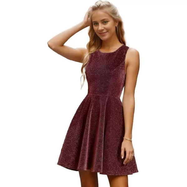 EverPretty Womens Glitter Round Neck Sleeveless ALine Mini HOCO Dress Prom Gowns 01766Burgundy