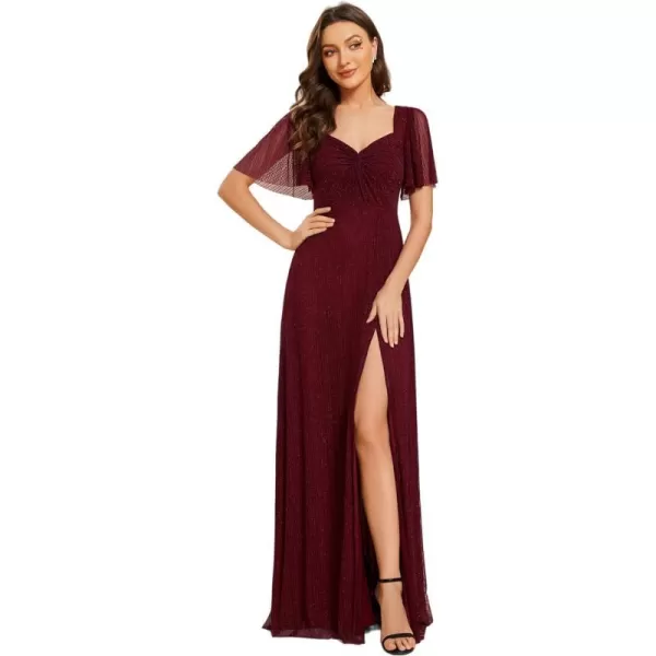 EverPretty Womens Glitter Short Sleeves Sweetheart Split Maxi Evening Dress 02004Burgundy